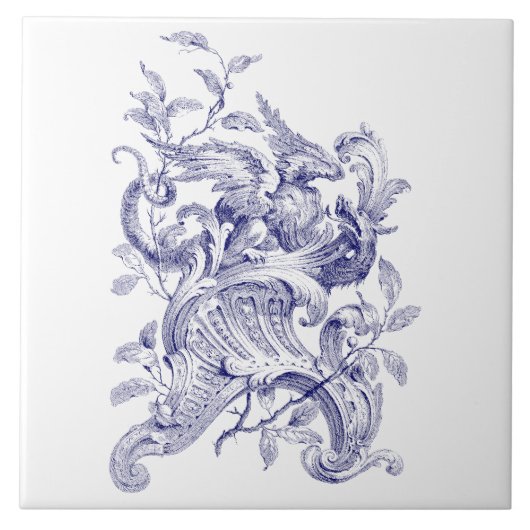 Blauw & Wit Griffin op Rocaille Barok Rococo Tegeltje (Voorkant)