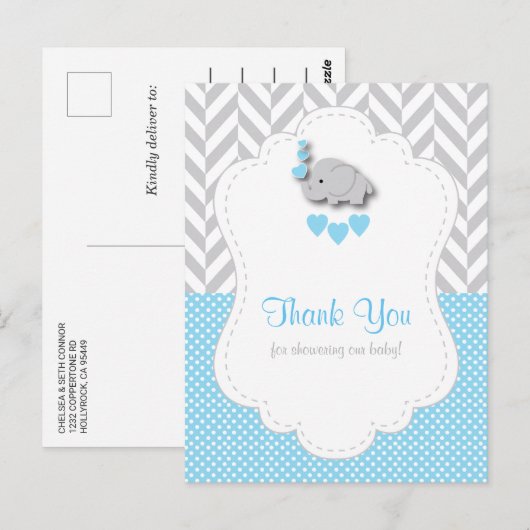 Blauw, wit, grijs Baby shower Briefkaart (Voorkant / Achterkant)
