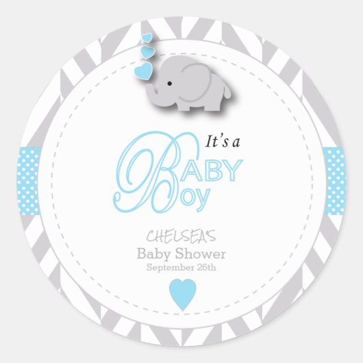 Blauw, wit grijs Baby shower Ronde Sticker (Voorkant)