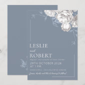 Blauw Wit & Grijs Geëtste Bloemen Huwelijksuitnodi Kaart (Voorkant / Achterkant)