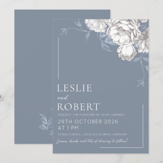 Blauw Wit & Grijs Geëtste Bloemen Huwelijksuitnodi Kaart (Voorkant / Achterkant)