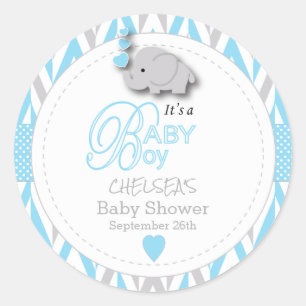 Blauw, wit grijs olifant Baby shower 2 Ronde Sticker