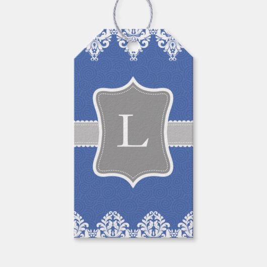 Blauw Wit Grijs Swirls Monogram Gift Labels Cadeaulabel (Voorkant)