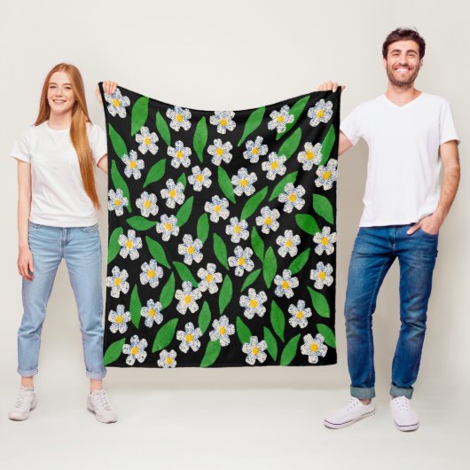 Blauw Wit Groen Bloemmotief Fleece Deken (In situ)
