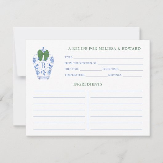 Blauw Wit Groen Ginger Jar Monogram Recept Kaart (Voorkant)