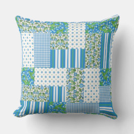 Blauw, Wit, Groen Morning Glory Faux Patchwork Kussen