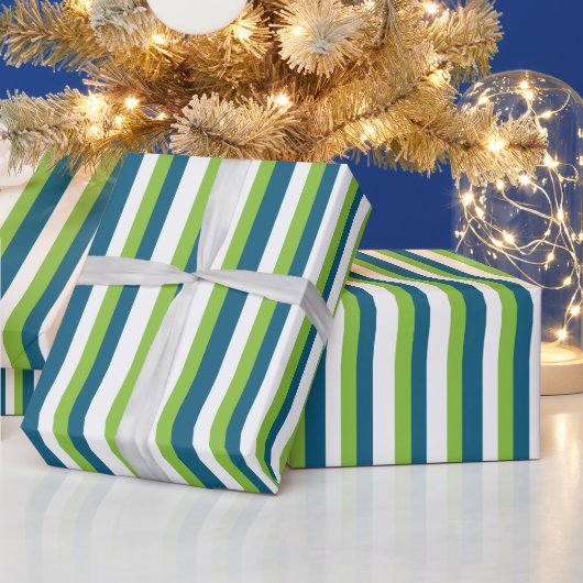 Blauw Wit Groen Verticale Strepen Cadeaupapier (Feestdagen)