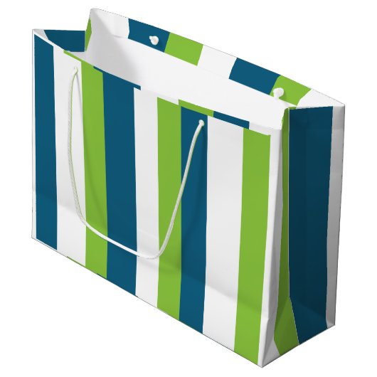 Blauw Wit Groen Verticale Strepen Groot Cadeauzakje (Voorkant Gekanteld)