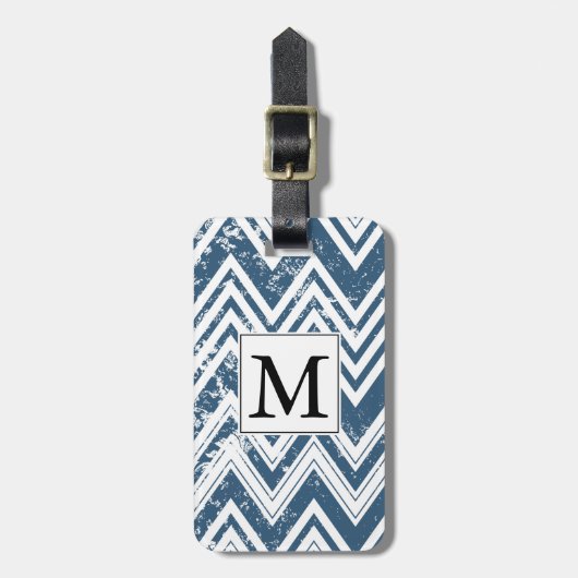 Blauw-wit Grunge Chevron Monogram Bagagelabel (Voorkant verticaal)