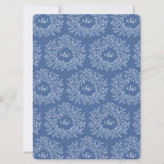 Blauw Wit Hand getrokken Blad Monogram Art Bruilof Kaart (Achterkant)