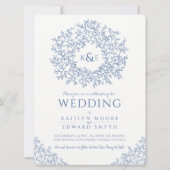 Blauw Wit Hand getrokken Blad Monogram Art Bruilof Kaart (Voorkant)