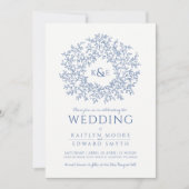 Blauw wit hand getrokken blad monogram kunst bruil kaart (Voorkant)
