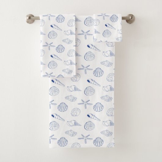 Blauw Wit Hand getrokken Sea Shells Beach Zomer Bad Handdoek (Insitu)