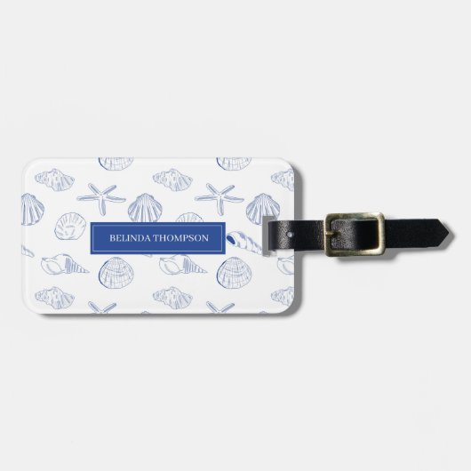 Blauw Wit Hand getrokken Sea Shells Beach Zomer Bagagelabel (Voorkant horizontaal)