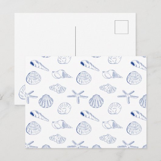 Blauw Wit Hand getrokken Sea Shells Beach Zomer Briefkaart (Voorkant / Achterkant)