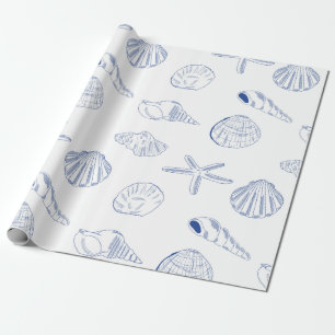 Blauw Wit Hand getrokken Sea Shells Beach Zomer Cadeaupapier