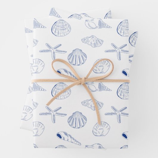 Blauw Wit Hand getrokken Sea Shells Beach Zomer Inpakpapier Vel (In situ)