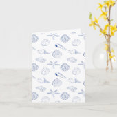 Blauw Wit Hand getrokken Sea Shells Beach Zomer Kaart (Gele Bloem)