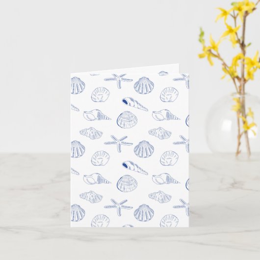Blauw Wit Hand getrokken Sea Shells Beach Zomer Kaart (Gele Bloem)