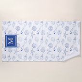 Blauw Wit Hand getrokken Sea Shells Beach Zomer Strandlaken (Voorkant)