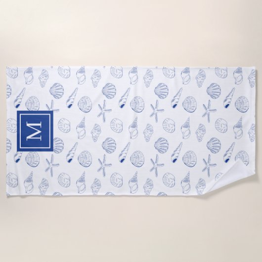Blauw Wit Hand getrokken Sea Shells Beach Zomer Strandlaken (Voorkant)