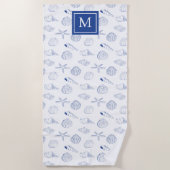 Blauw Wit Hand getrokken Sea Shells Beach Zomer Strandlaken (Voorkant)