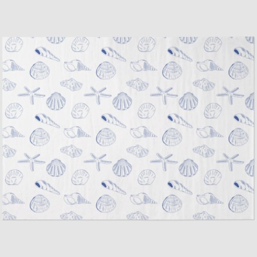 Blauw Wit Hand getrokken Sea Shells Beach Zomer Tissuepapier (Voorkant)