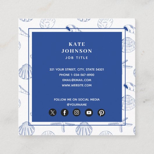 Blauw Wit Hand getrokken Sea Shells Beach Zomer Vierkante Visitekaartje (Achterkant)