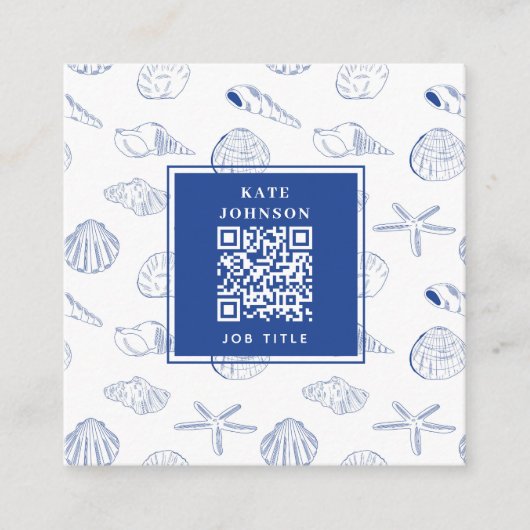 Blauw Wit Hand getrokken Sea Shells Beach Zomer Vierkante Visitekaartje (Voorkant)