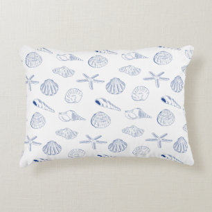 Blauw Wit Hand getrokken Seashells Beach Zomer Accent Kussen