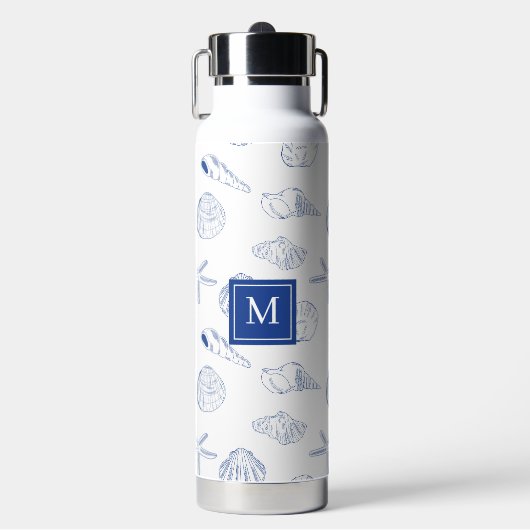 Blauw Wit Hand getrokken Seashells Beach Zomer Waterfles (Voorkant)