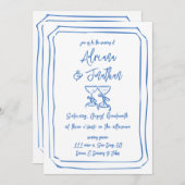 Blauw-Wit Hand Getrokken Trouwdetails QR Code Kaart (Voorkant / Achterkant)