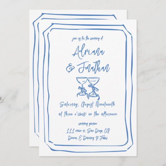 Blauw-Wit Hand Getrokken Trouwdetails QR Code Kaart (Voorkant / Achterkant)