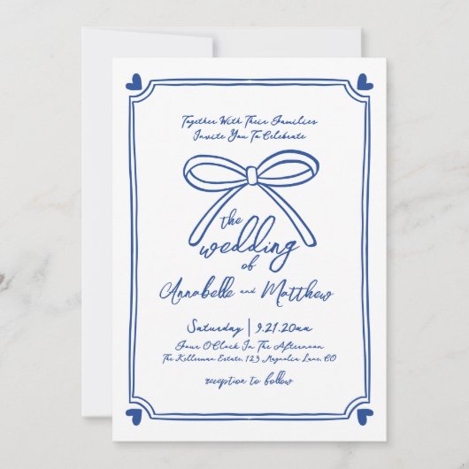 Blauw Wit Hand Getrokken Whimsical Bow Wedding Kaart (Voorkant)