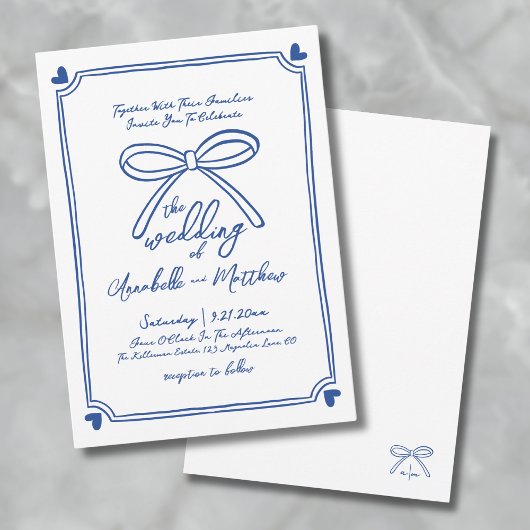 Blauw Wit Hand Getrokken Whimsical Bow Wedding Kaart