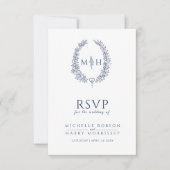 Blauw wit handgetekend bladmonogram RSVP-huwelijk RSVP Kaartje (Voorkant)