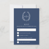 Blauw wit handgetekend bladmonogram RSVP-huwelijk RSVP Kaartje (Achterkant)