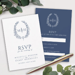 Blauw wit handgetekend bladmonogram RSVP-huwelijk RSVP Kaartje