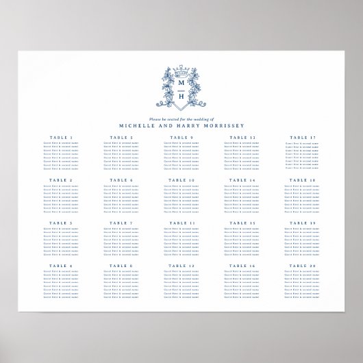 Blauw wit hart kroon bruiloft 20 tafel poster (Voorkant)