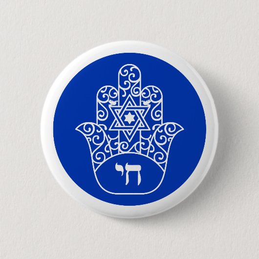 Blauw-wit Hebreeuws Chai Hamsa Ronde Button 5,7 Cm (Voorkant)
