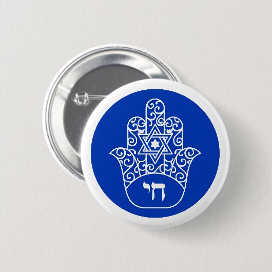 Blauw-wit Hebreeuws Chai Hamsa Ronde Button 5,7 Cm (Voorkant /achterkant)