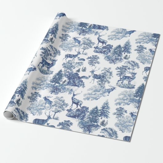 blauw wit hert in besneeuwd bos cadeaupapier (Uitgerold)