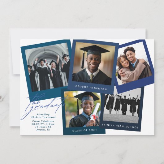 Blauw Wit High School COLLAGE Foto Afstuderen Aankondiging (Voorkant)