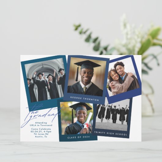 Blauw Wit High School COLLAGE Foto Afstuderen Aankondiging (Staand voorkant)