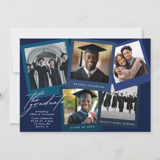 Blauw Wit High School COLLAGE Foto Afstuderen Aankondiging (Voorkant)