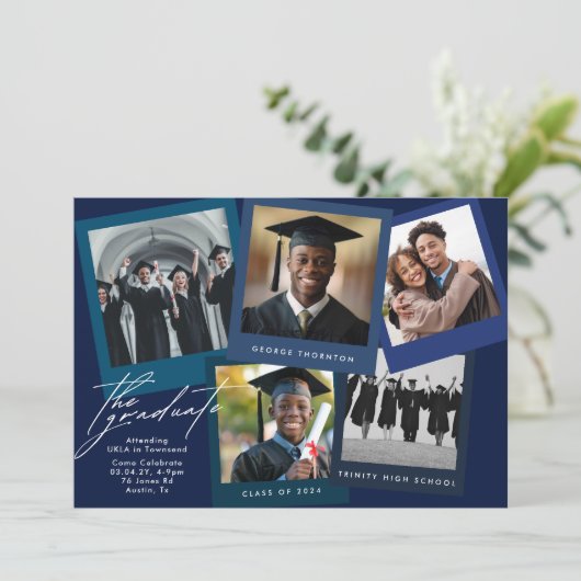 Blauw Wit High School COLLAGE Foto Afstuderen Aankondiging (Staand voorkant)