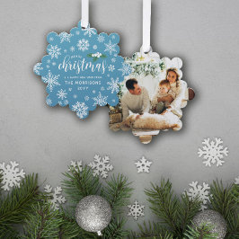 Blauw Wit Holly Sneeuwvlokken Vrolijk Kerstmis Fot Ornament Kaart