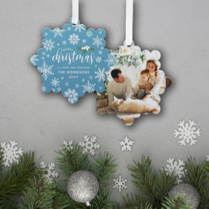 Blauw Wit Holly Sneeuwvlokken Vrolijk Kerstmis Fot Ornament Kaart