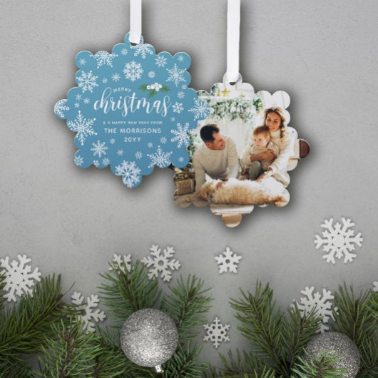 Blauw Wit Holly Sneeuwvlokken Vrolijk Kerstmis Fot Ornament Kaart