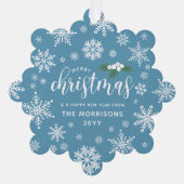 Blauw Wit Holly Sneeuwvlokken Vrolijk Kerstmis Fot Ornament Kaart (Voorkant)